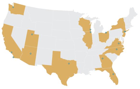 Map of the contiguous United States with highlighted participant-network states and location markers